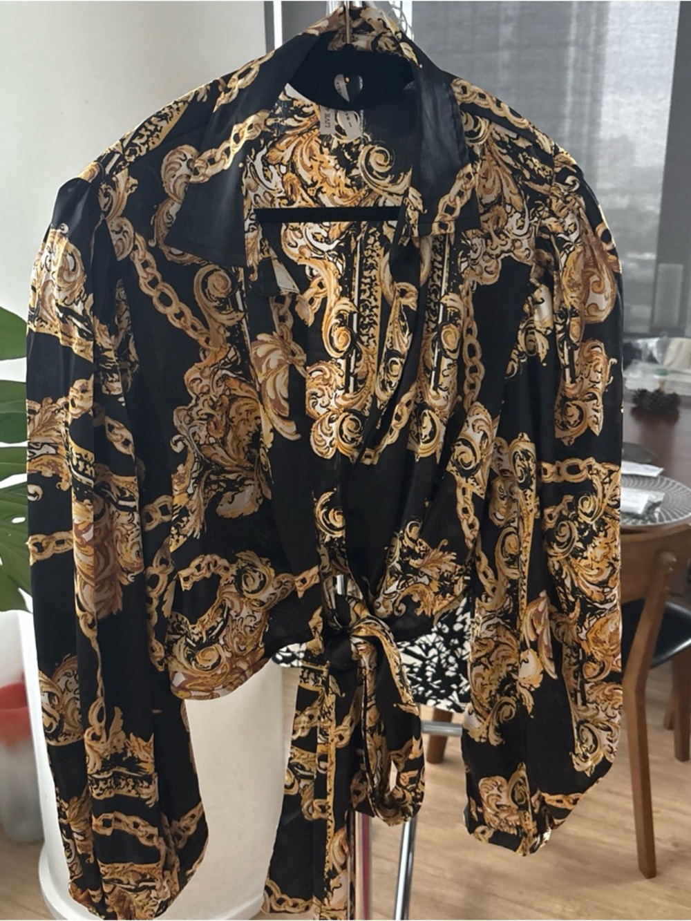Live 4 Truth Wrap Top Blouse balloon sleeve Large Black & Gold Chain Tie-Front
